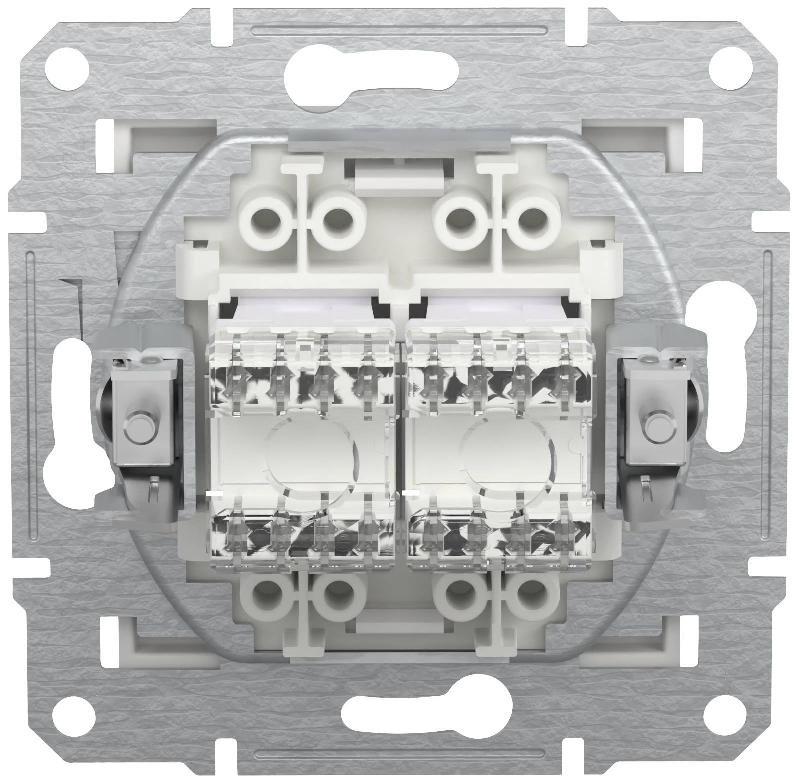 Light switch with two rockers, in a silver metal casing. Clearly visible mounting holes on all sides.