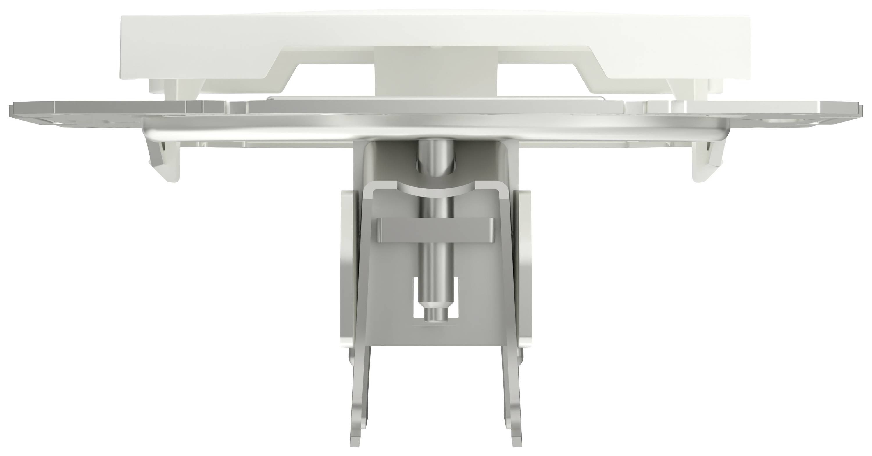 A white plastic ceiling mounting system, viewed from below, reveals fixing elements and mechanical structures.