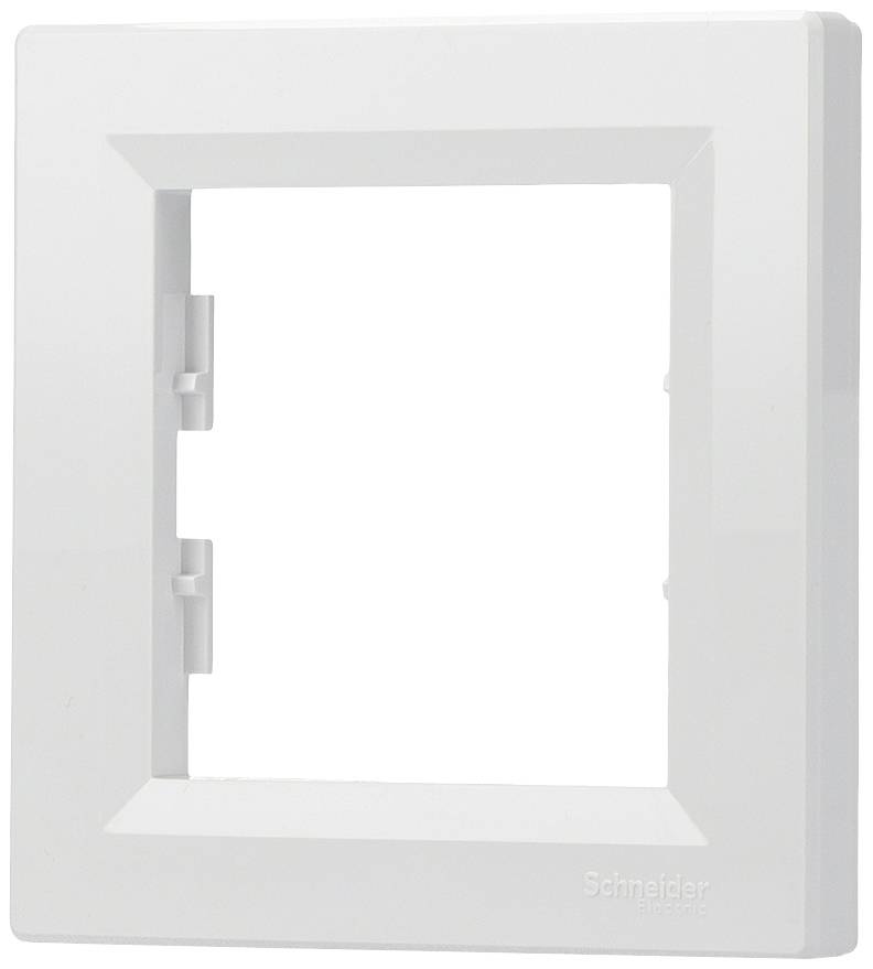 White plastic frame for light switch by Schneider Electric, rectangular with rounded edges.