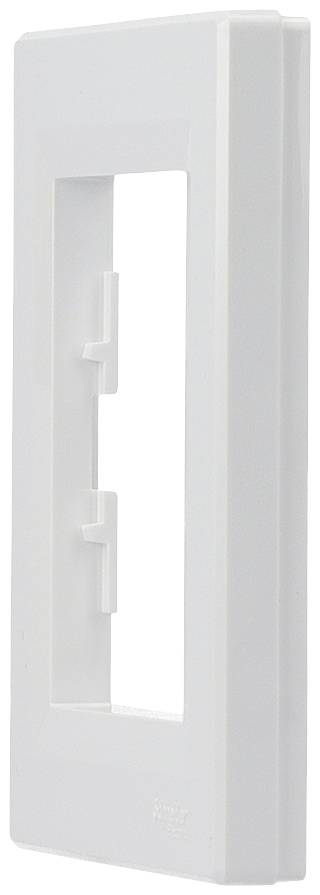 White, rectangular, vertical cover plate with a cut-out and two hooks in the centre for mounting.