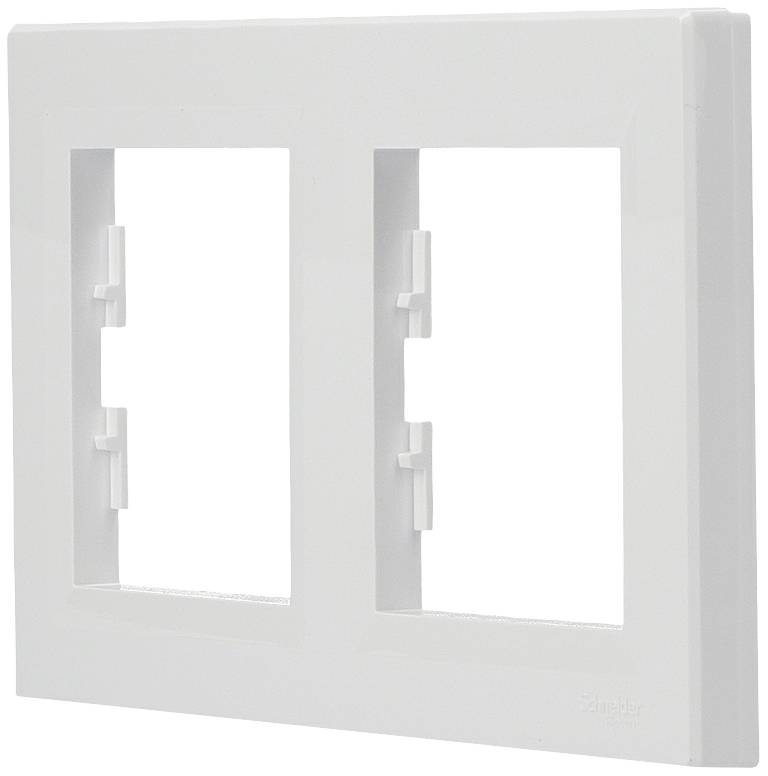 Double white plastic switch surround with a smooth, glossy surface, suitable for two switches.