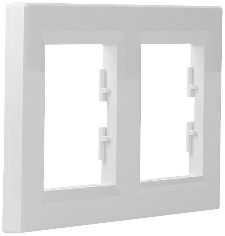 Double frame in white plastic for mounting two switches or sockets, simple design.