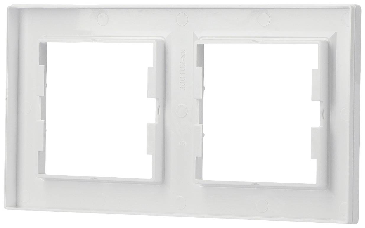 Double white plastic cover plate for sockets or switches. It has two rectangular openings for installing electrical components.