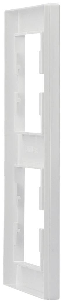 A double, vertically oriented white plastic rectangular frame with two openings suitable for sockets or switches.
