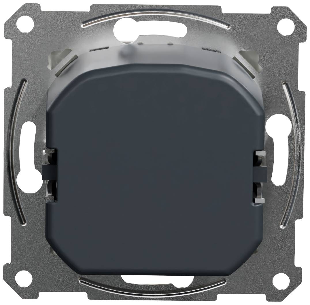 Switch in a metal frame, with a dark plastic button in the centre. The switch is designed for installation in electrical systems.