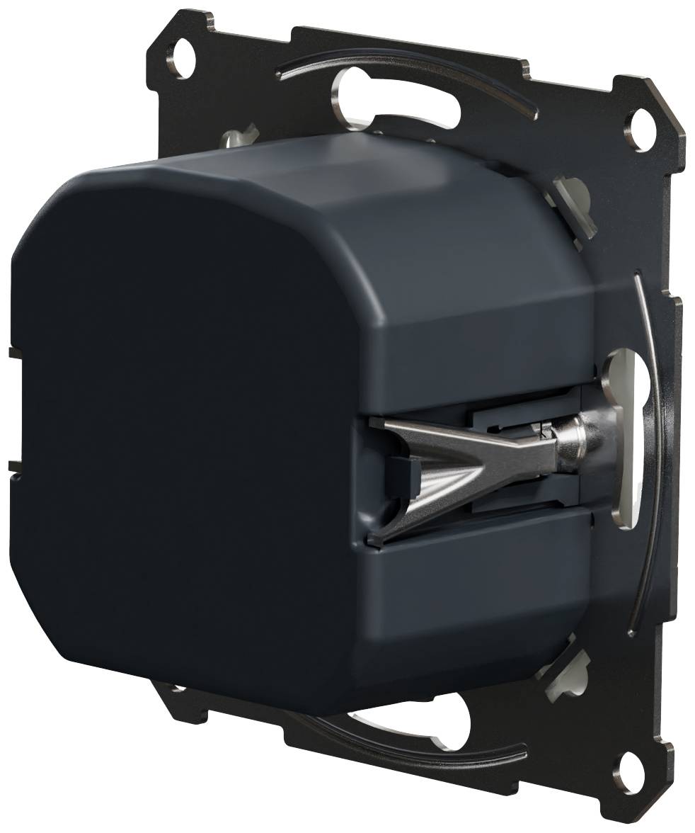 A black, rectangular electrical device with silver metal elements on the sides, likely a switch mechanism.