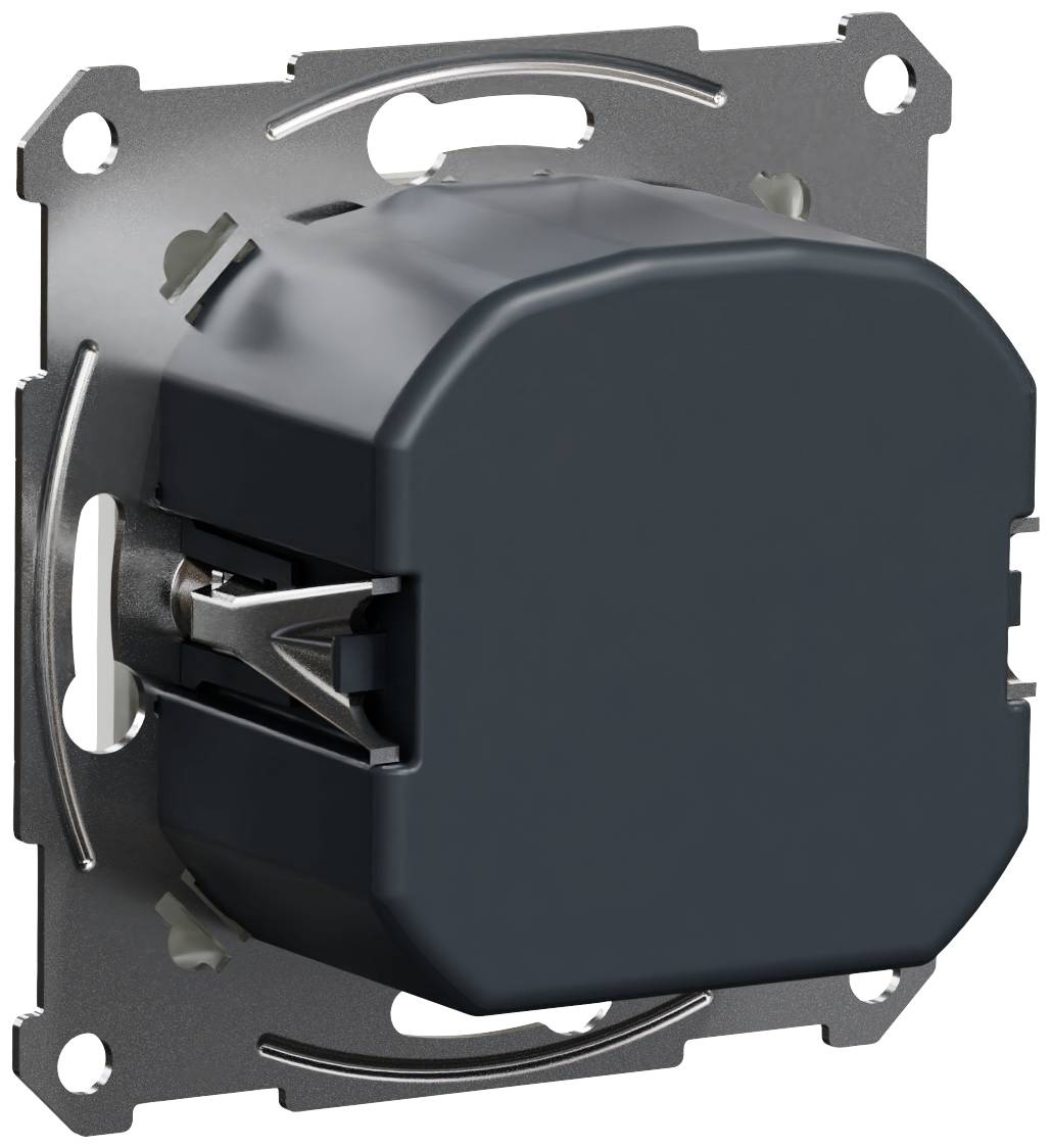 A black, round rotary dimmer switch in a square, metallic frame. Suitable for wall mounting.