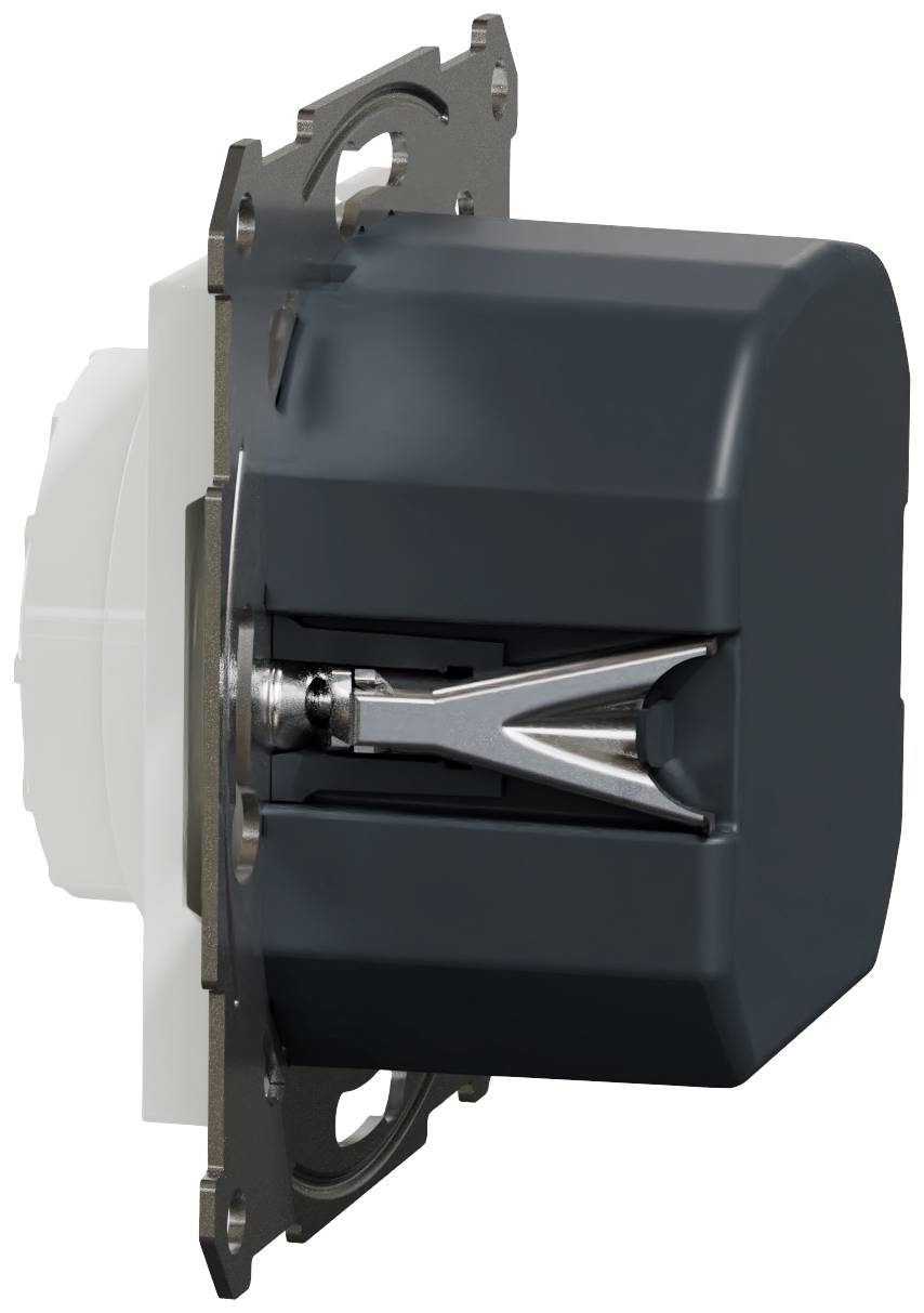 'A black electric rotary switch, shown from the side, mounted on a metal plate, suitable for wall installation.'