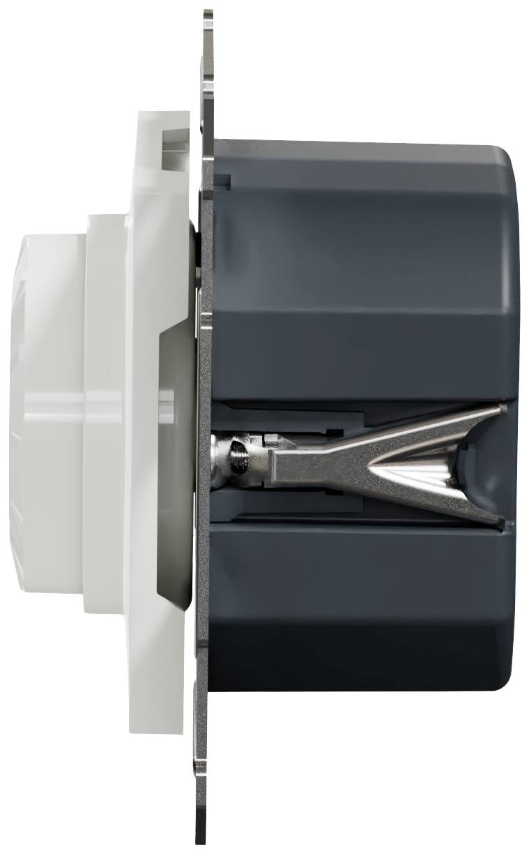Side view of an electrical socket outlet with visible metal contact and a plastic housing, suitable for wall mounting.