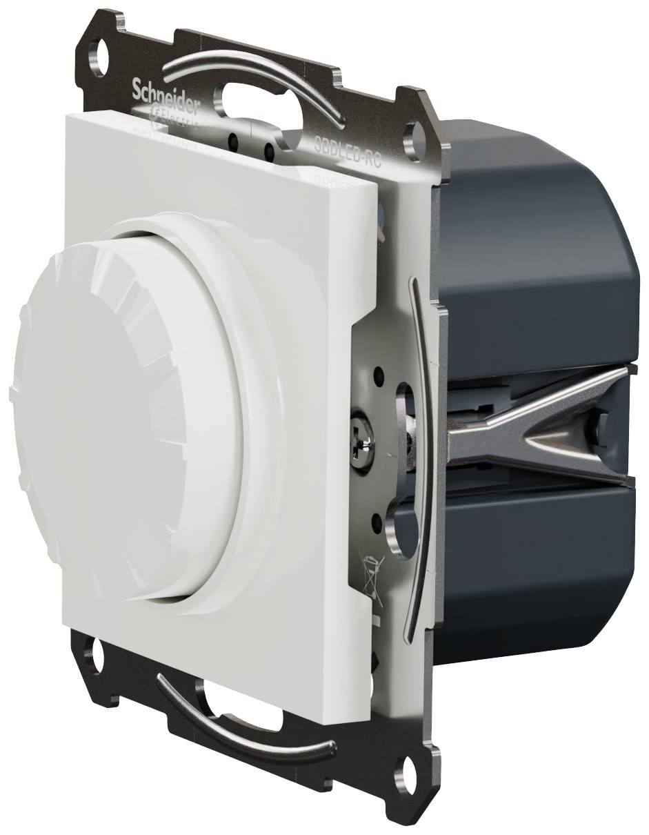 A white, round rotary dimmer from Schneider Electric, partially obscured, shows the front and side view.