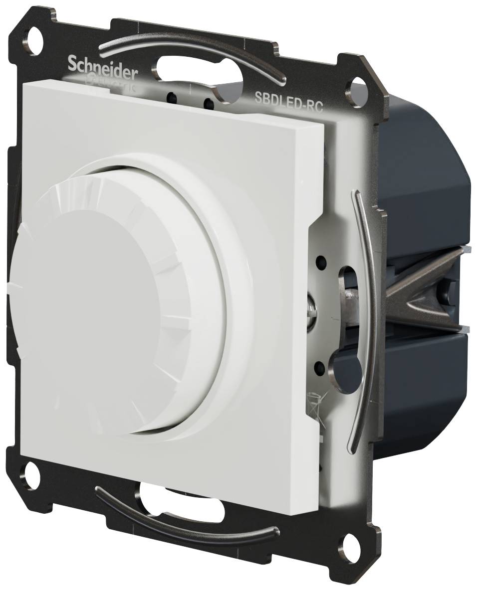 A built-in rotary dimmer by Schneider Electric with a white rotary knob and rectangular cover plate, mountable in a wall switch.