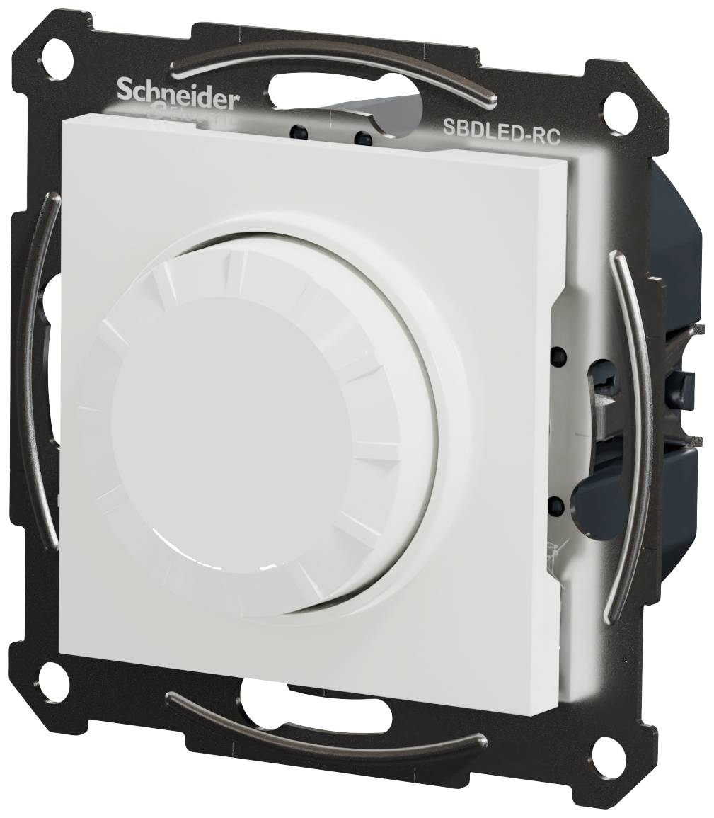 Dimmer switch with a circular rotary control, mounted on a metal bracket. Brand name visible in the top left corner.