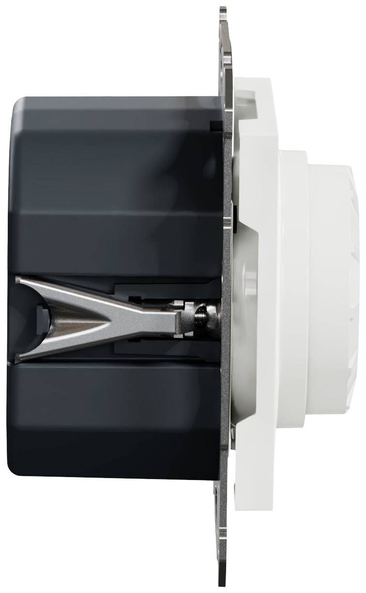 Side view of a black and white ventilation damper with metal fastening, used in heating, ventilation and air conditioning technology.