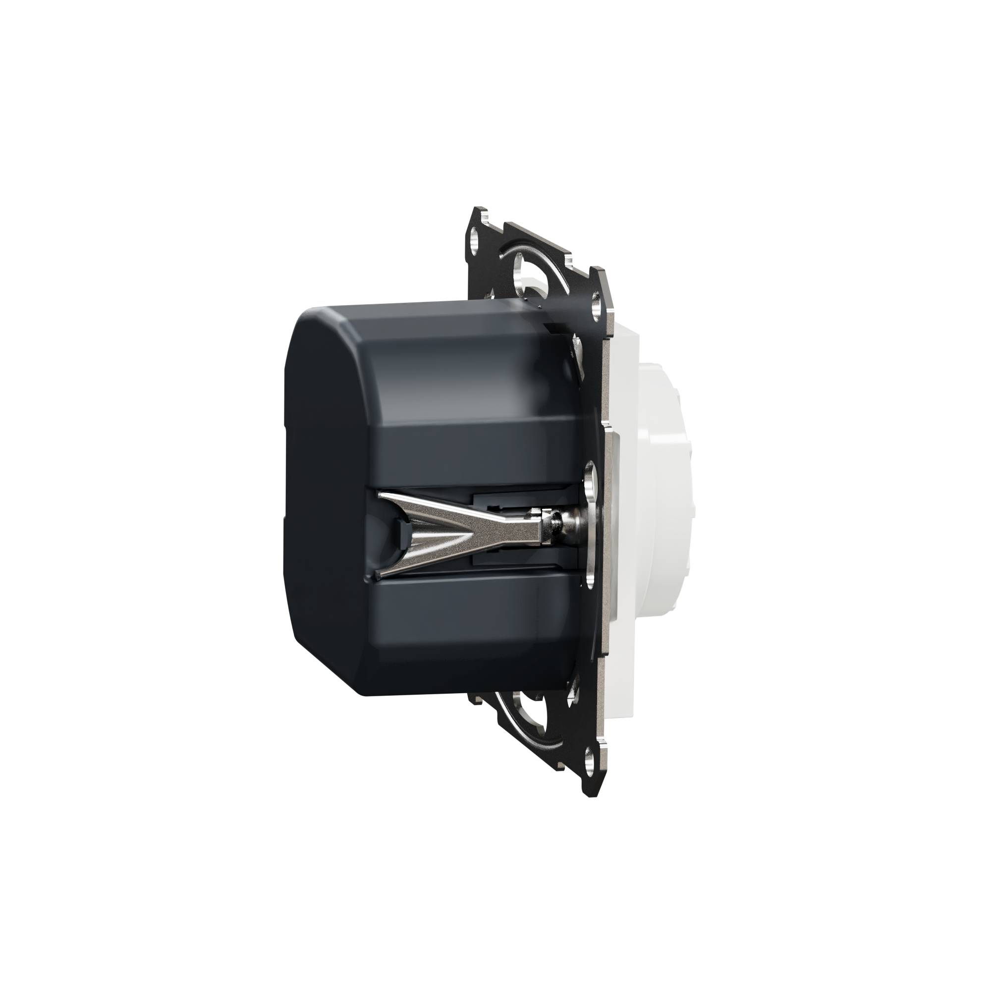 A black, rectangular wall switch, side view. It is integrated into a white frame, suitable for electrical installations.