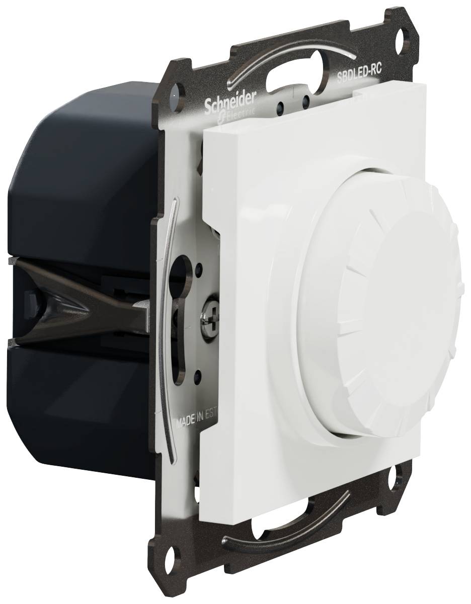 Dimmer switch; white with round rotary knob; suitable for wall mounting; shown from the side; brand 'Schneider Electric'.