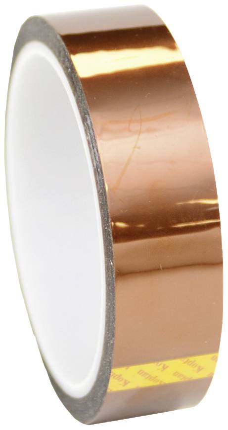A roll of copper-coloured adhesive tape, viewed from the side; reflective surface, suitable for electrical applications.