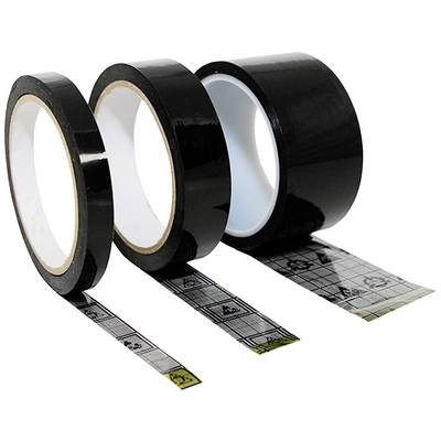 Three black rolls of adhesive tape: two unused, one with a tape strip unrolled, featuring black and yellow symbols.