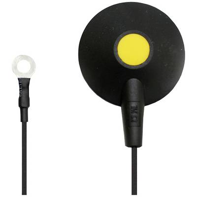 A black, round temperature sensor with a yellow centre and an attached metal cable for measuring in machines.