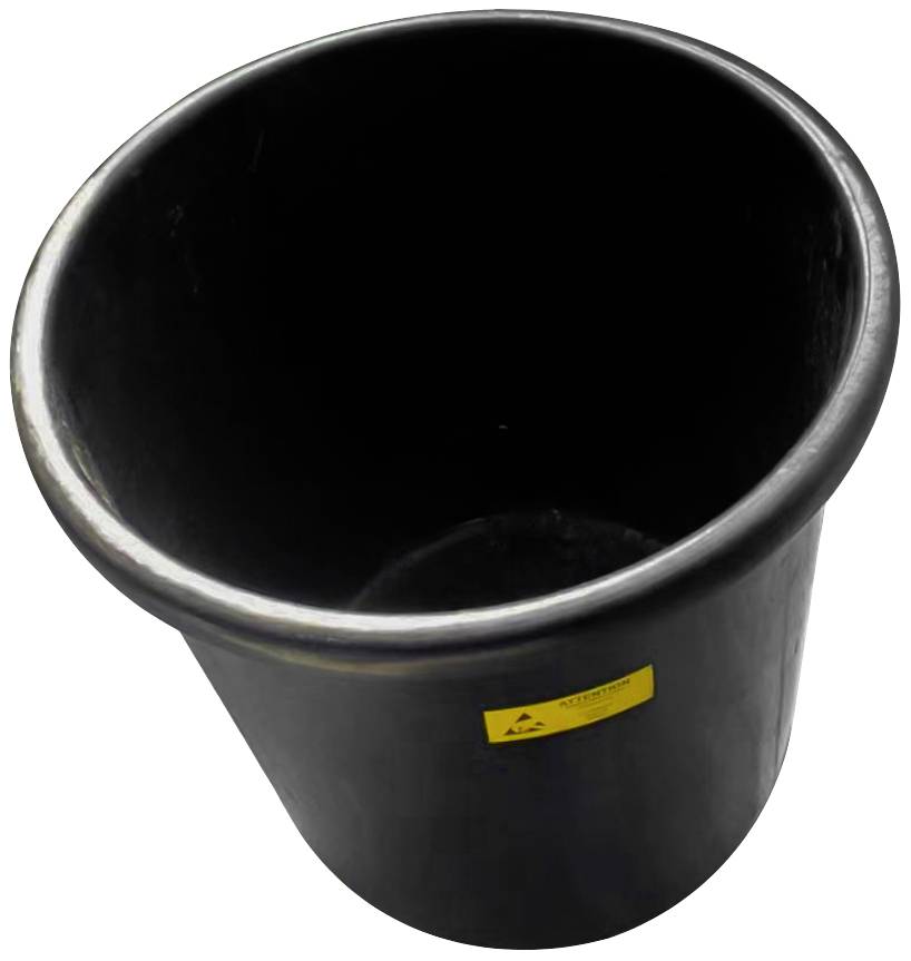 A black waste bin with a yellow warning label for hazardous substances on the exterior.