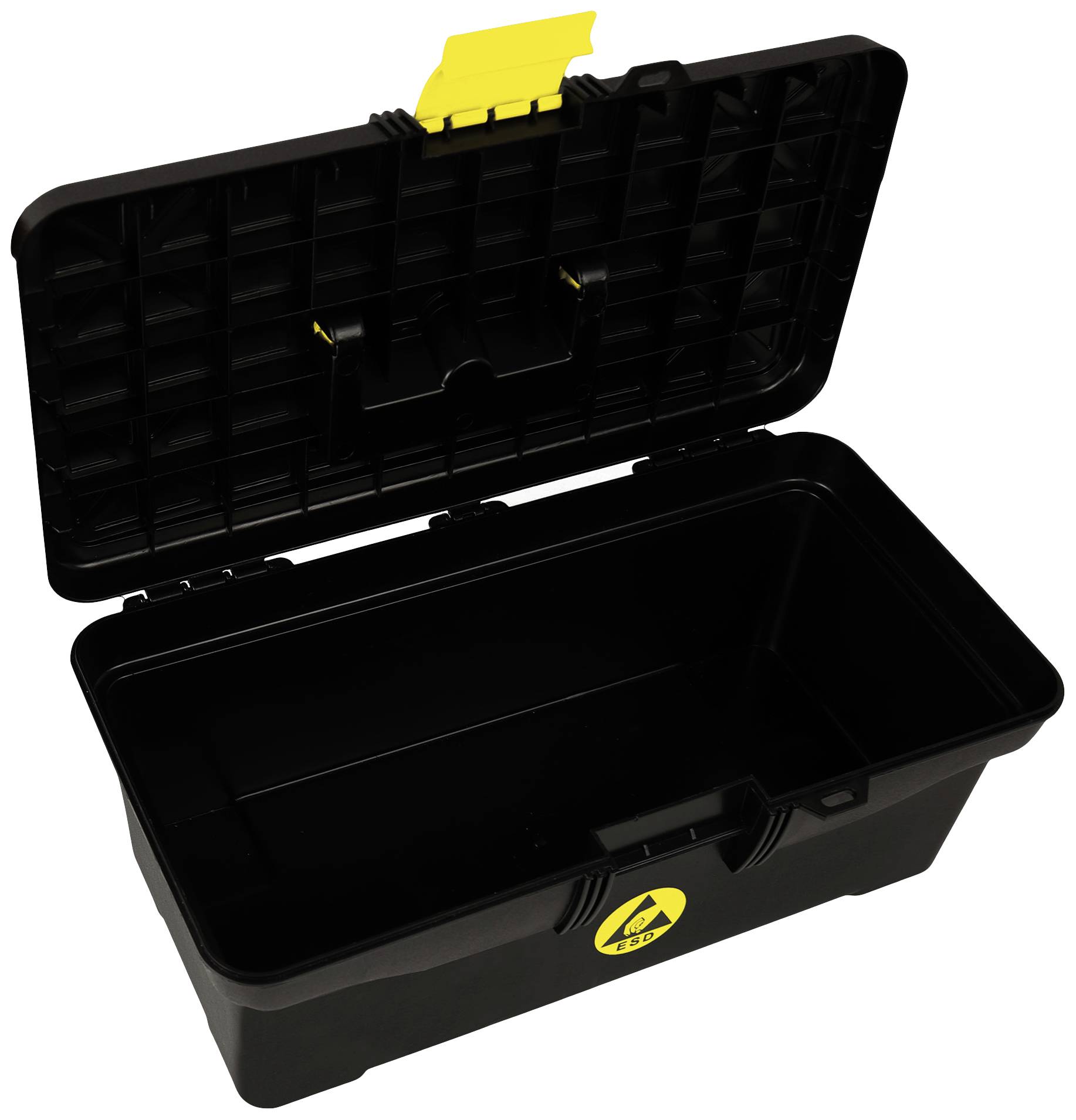 Black, open plastic toolbox with a yellow fastener and symbol on the front. Empty and ready for use.