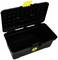 Black, open plastic toolbox with a yellow fastener and symbol on the front. Empty and ready for use.