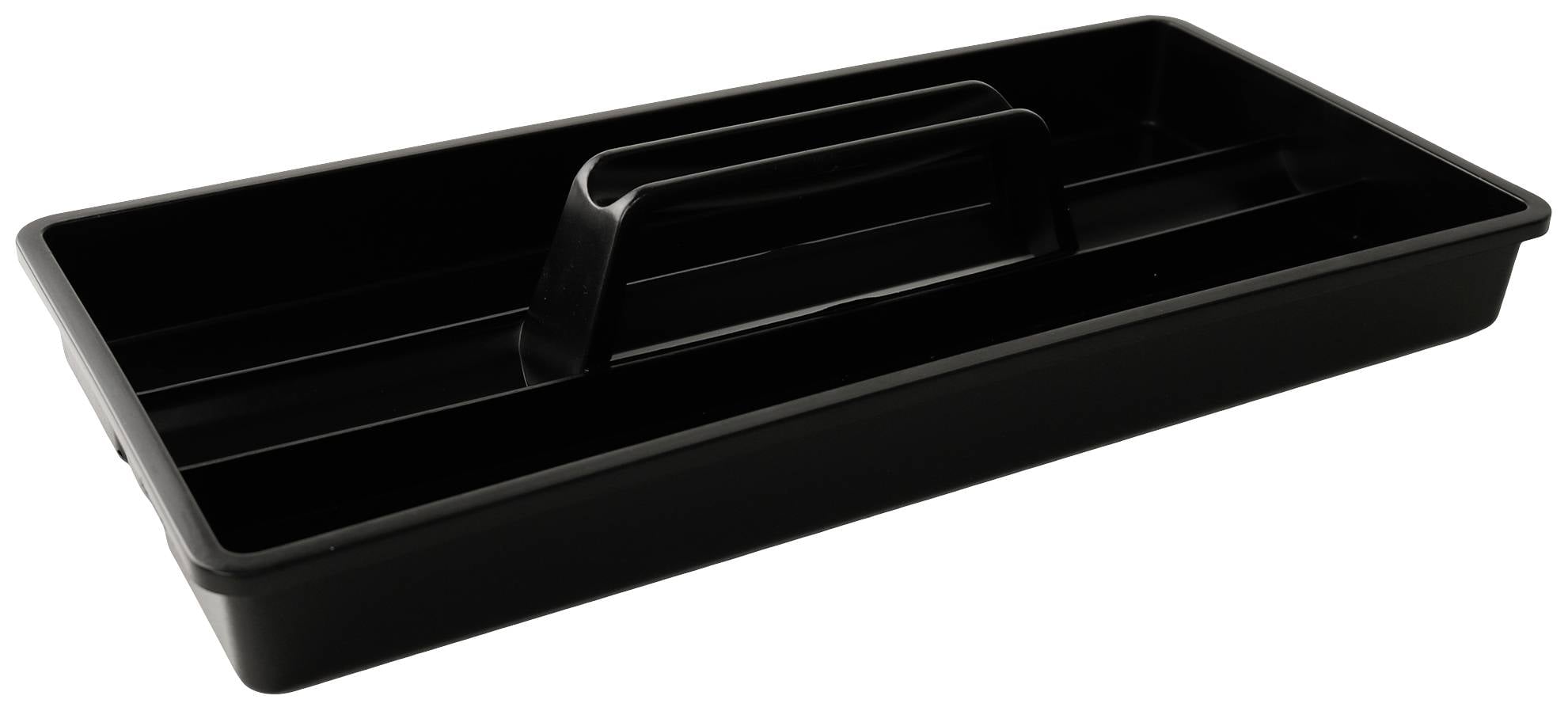 Black plastic tray with a handle in the centre, suitable for storing tools or small items.