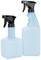 Two plastic spray bottles, the one on the left smaller, both blue with black spray nozzles, standing upright next to each other.