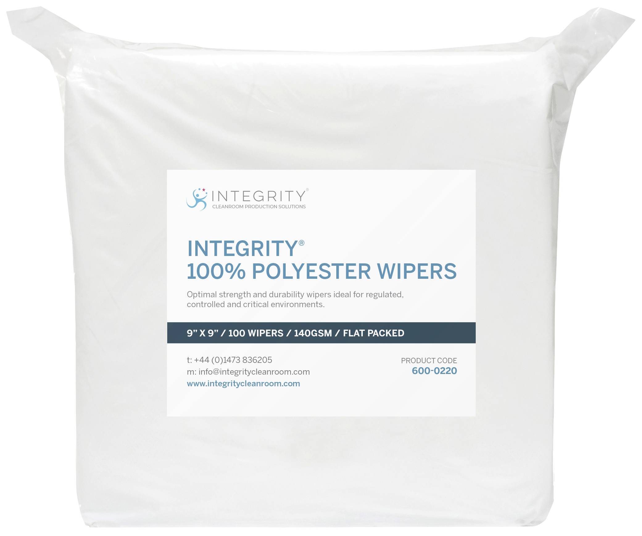 White packaging with the text 'Integrity 100% Polyester Wipers'. Contains dimensions 9"x9", 100 wipes, 140gsm, flat packed.