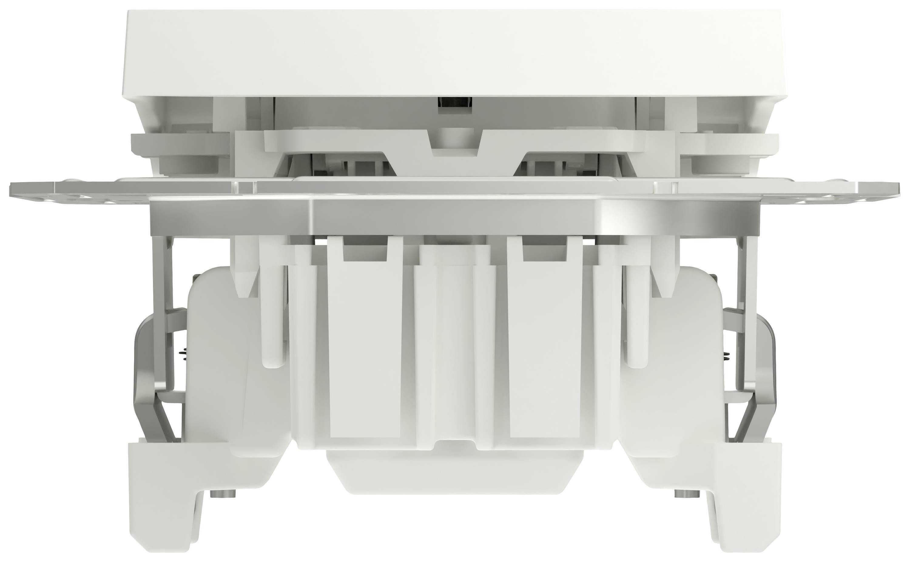 A white, electric plastic connector, pictured from the front, shows a detailed view of its internal structures and contacts.