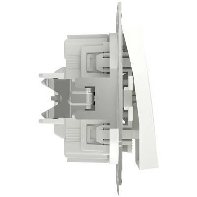 Side view of a white light switch with a stylised, modern design. The switch is slightly tilted forward.