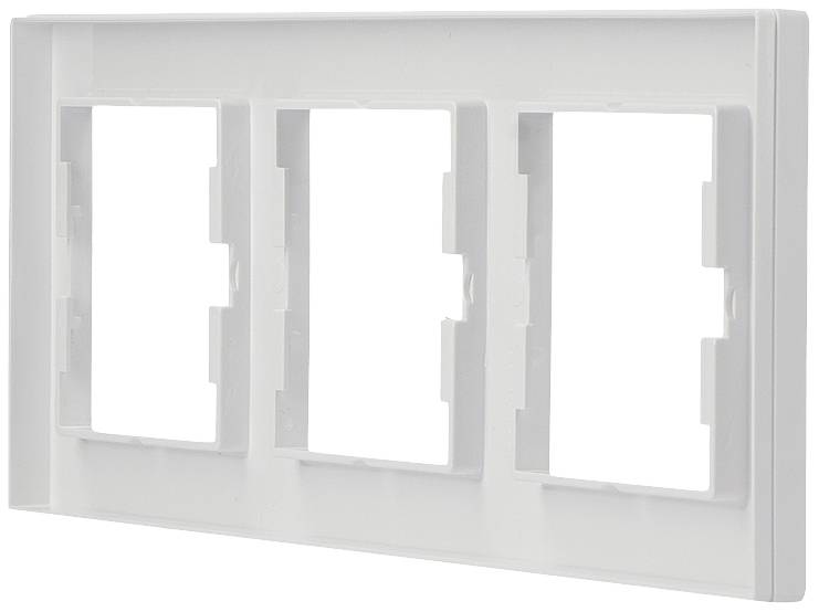 Triple-gang white plastic frame for mounting switches or sockets.