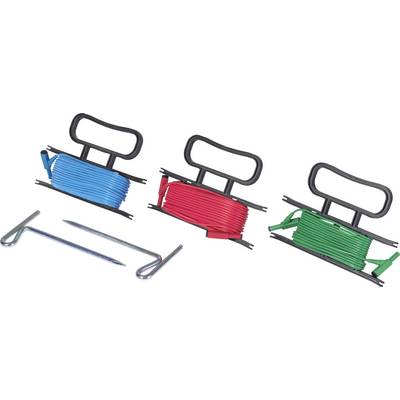 Three retractable washing lines in Blue, Red and Green, with handles and two metal hooks for fastening. Perfect for travelling or camping.
