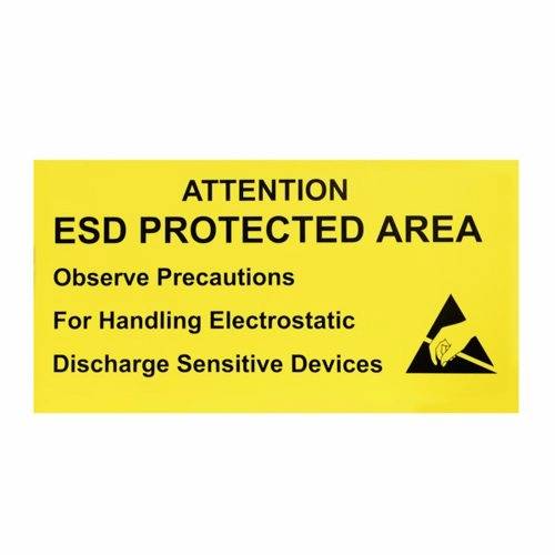Yellow warning sign: 'Caution ESD Protected Area. Observe Precautions. For Handling Electrostatically Sensitive Devices.' Contains ESD symbol.