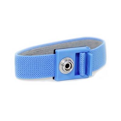 A blue, adjustable wrist band with a metal button in the centre, used to prevent electrostatic discharge.