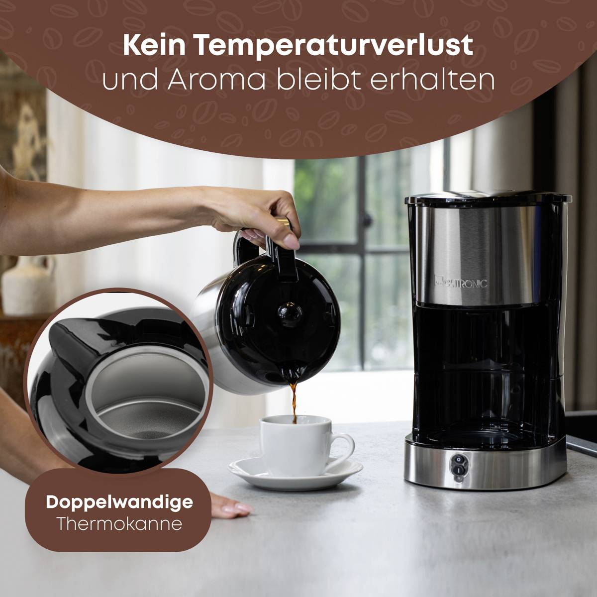 A hand pours coffee from a double-insulated thermal flask into a mug. Text: 'No temperature loss and aroma preserved.'