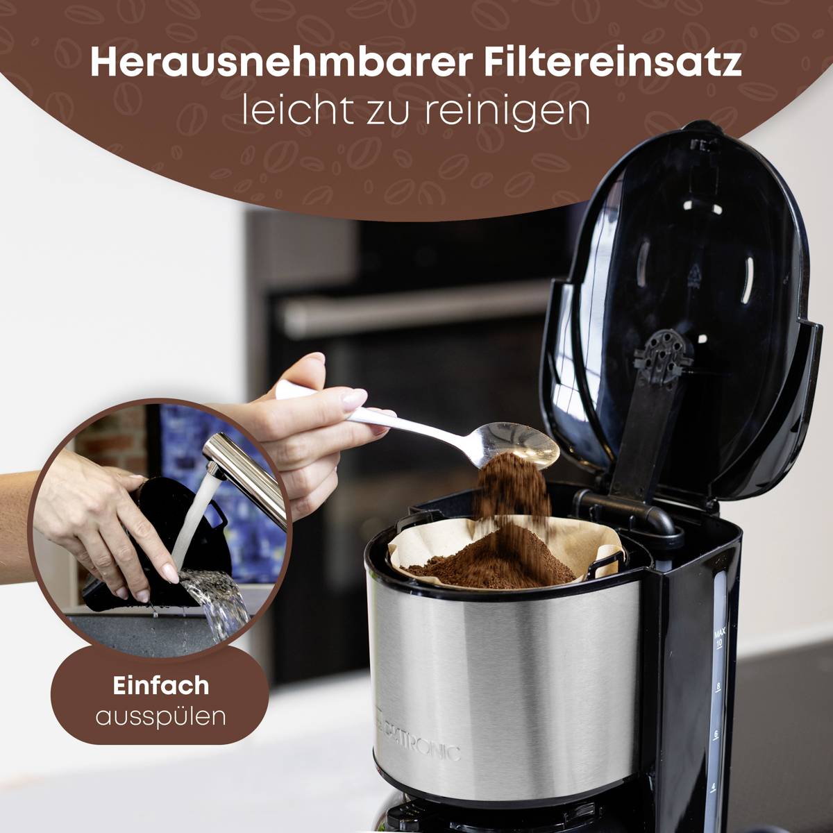 'Coffee machine with open lid, removable filter insert. Text: Simply rinse out.' Someone is filling coffee grounds with a spoon.