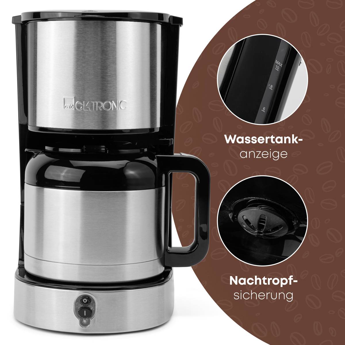 A silver coffee machine with a black handle. Beside it, circles showing close-ups of the water tank indicator and a night drip prevention feature. Coffee machine on the left, functions on the right.