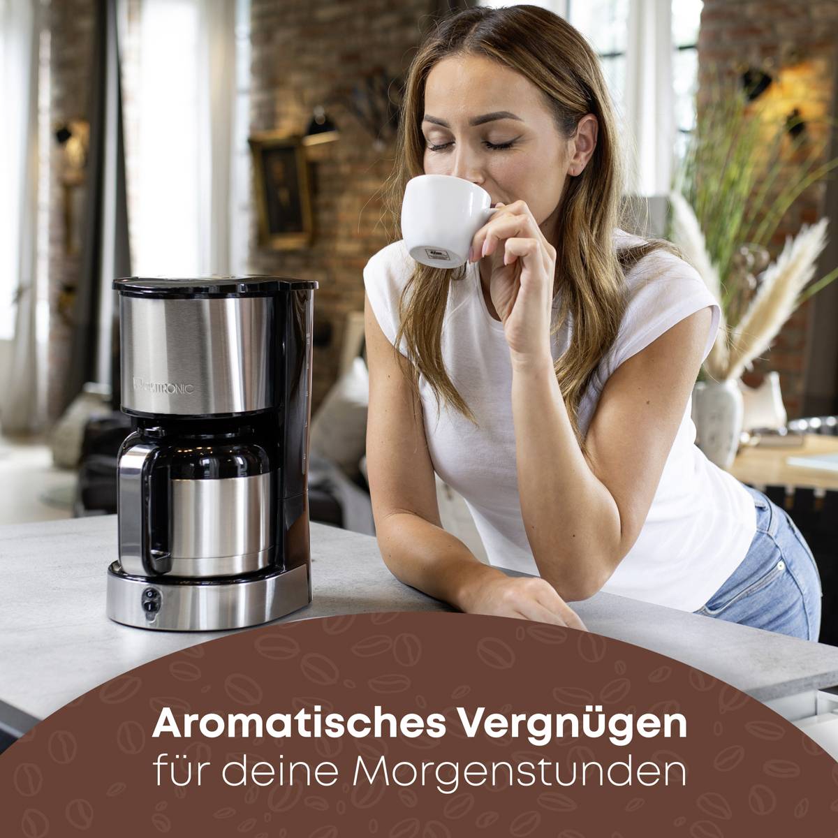 A woman is drinking coffee from a mug next to a coffee machine. Text: 'Aromatic pleasure for your morning hours'.