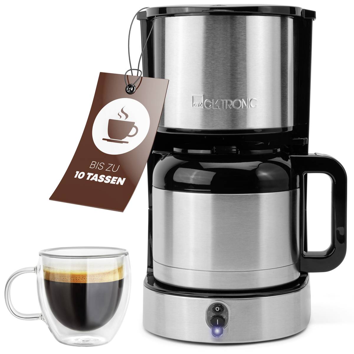 Stainless steel coffee machine with a glass carafe, filled with coffee. A full cup stands beside it. Label: 'Up to 10 cups'.