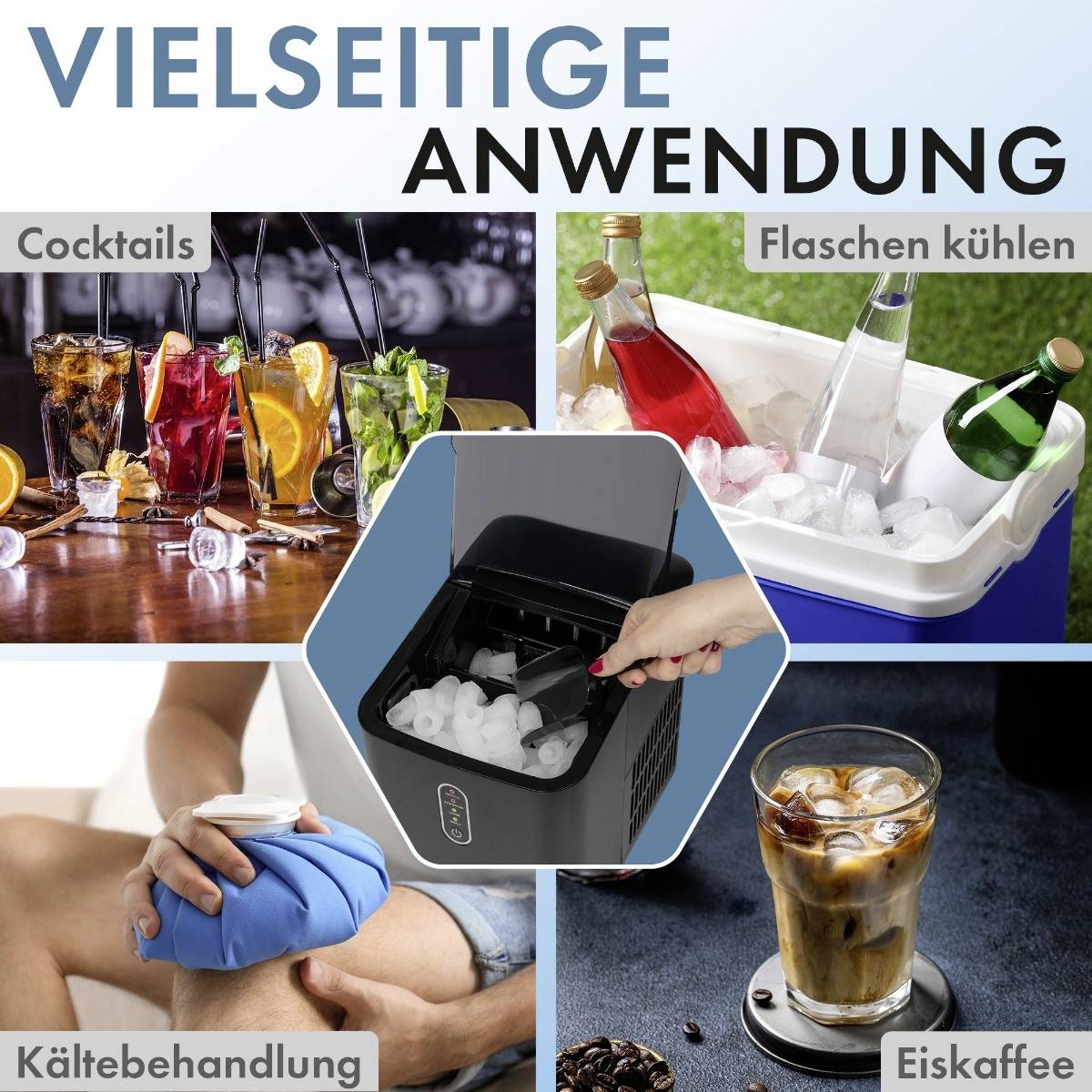'Versatile Application' shows pictures of cocktails, bottle chilling, cold treatment, and iced coffee, which use ice cubes.