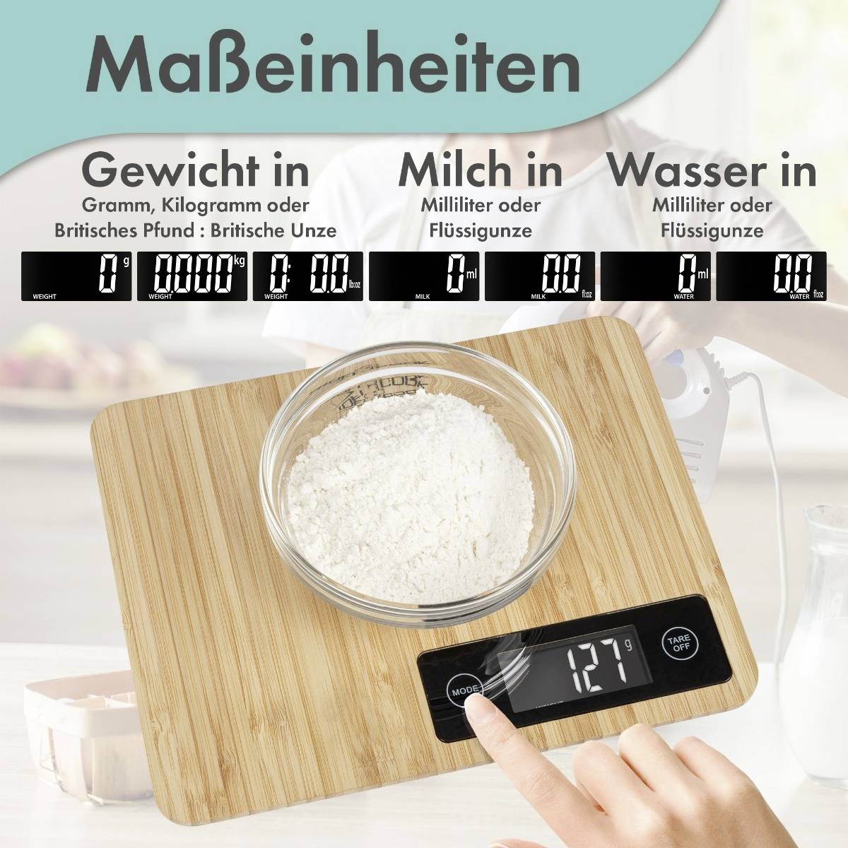 Kitchen Scales Measurement Overview. The display shows 121 g of flour in a bowl. Text describes weight, milk, water in various units: grams, ounces, millilitres.