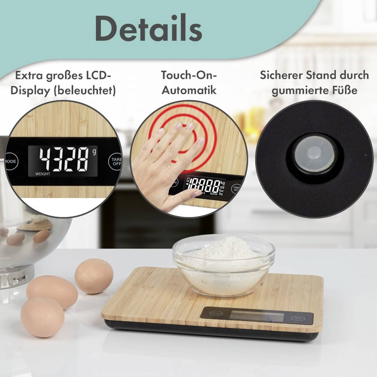 Electronic kitchen scales with a large illuminated LCD display, touch-on automatic function, and non-slip rubber feet. Four eggs and a flour bowl beside it.