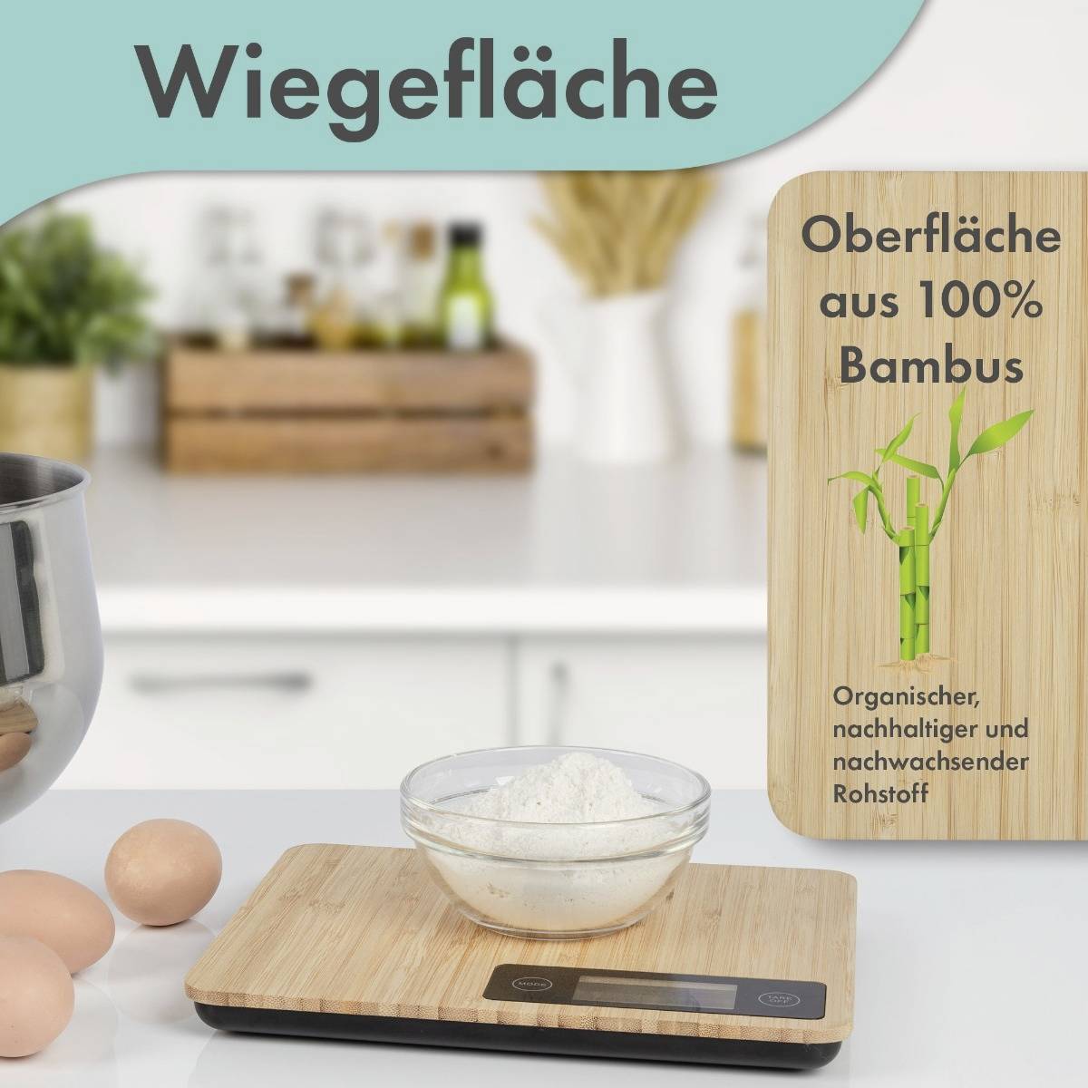 A bamboo kitchen scale with a digital display, with a bowl of flour on it. Text: 'Weighing surface', 'Surface made of 100% bamboo'.
