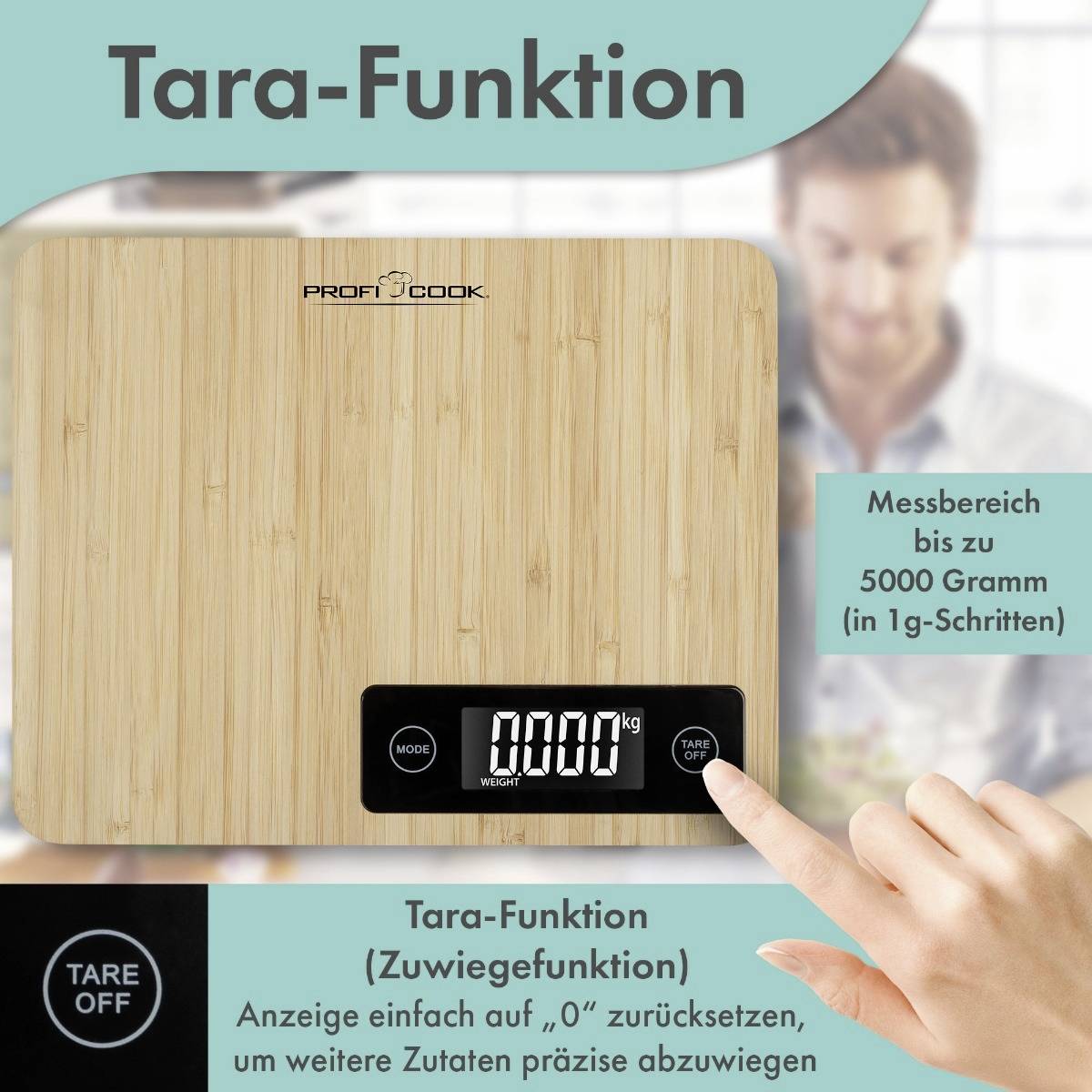 Electronic kitchen scales with bamboo surface. Display at zero. Tare function, measuring range up to 5000 grams in 1-gram increments.