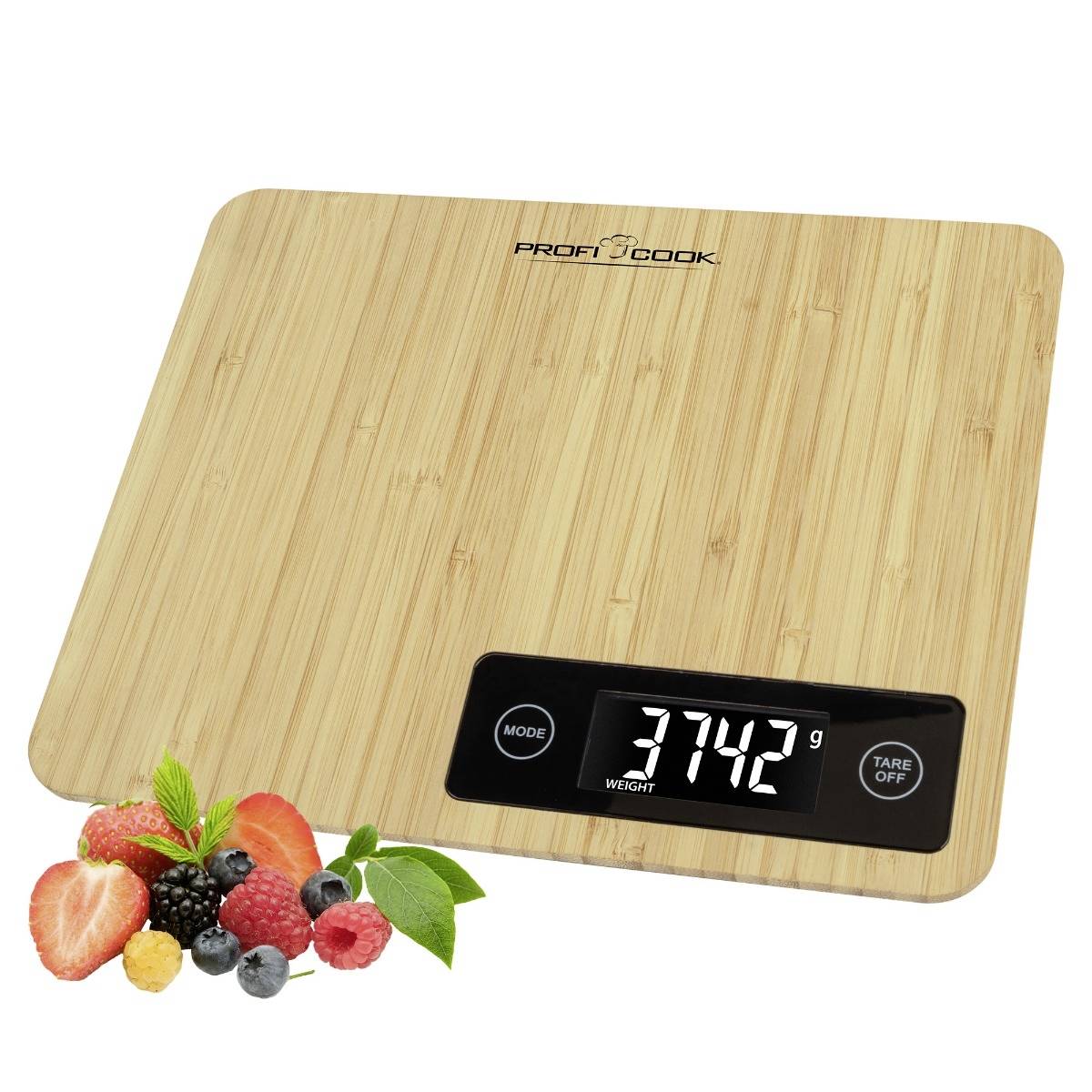 Digital wooden kitchen scales with LED display showing 3742g. A selection of berries is laid out to the left in front of the scales.