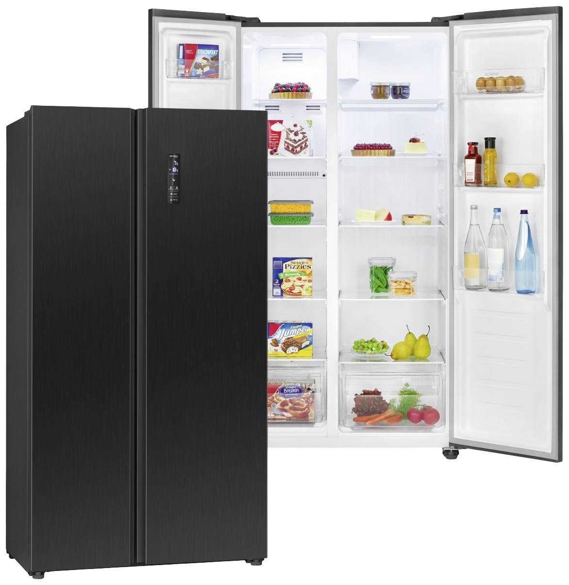 Opened black side-by-side fridge. The right section displays shelves with food, drinks, and spices.