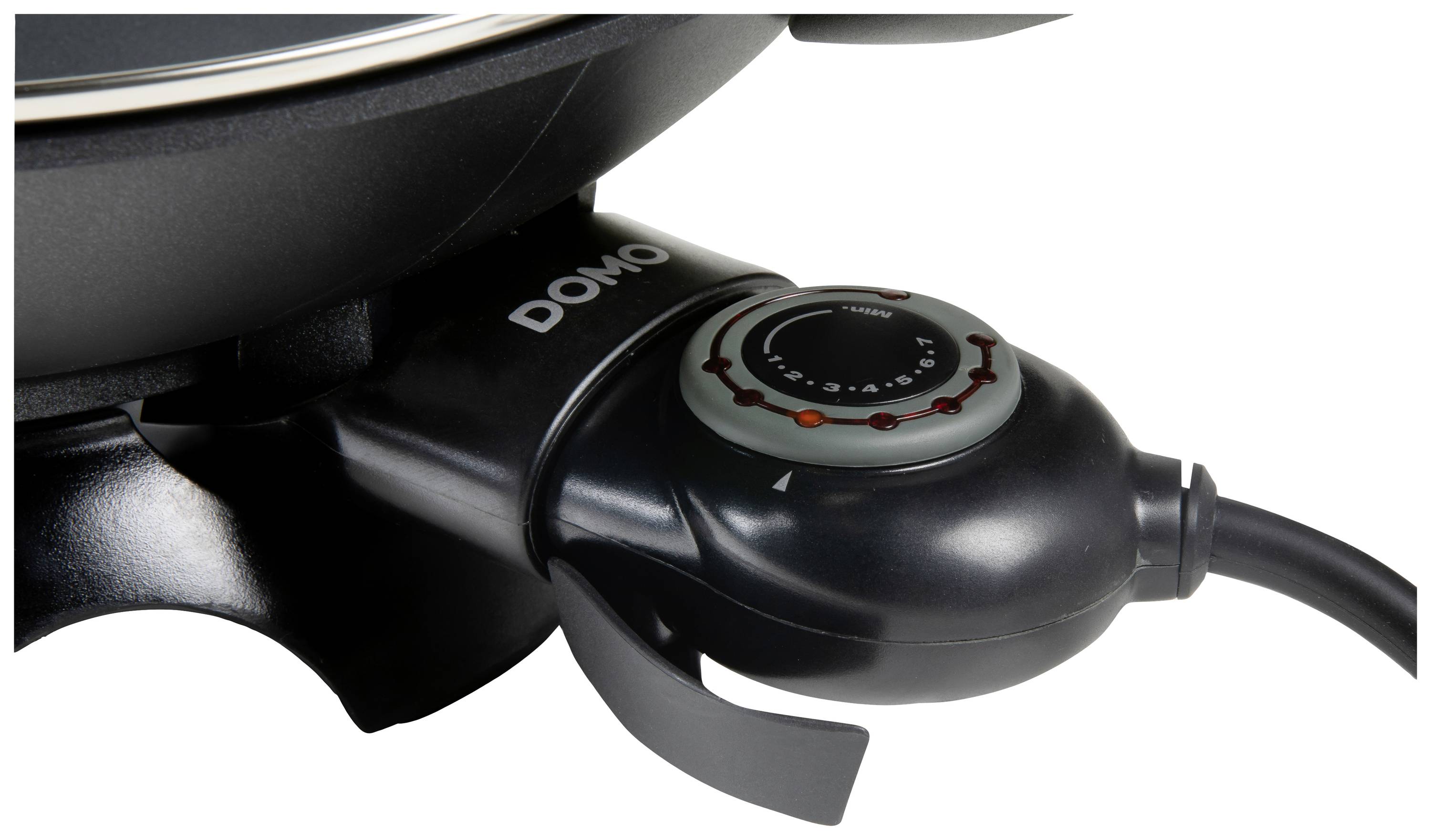 A black electric frying pan with a temperature control set to medium heat. The brand name 'DOMO' is visible.