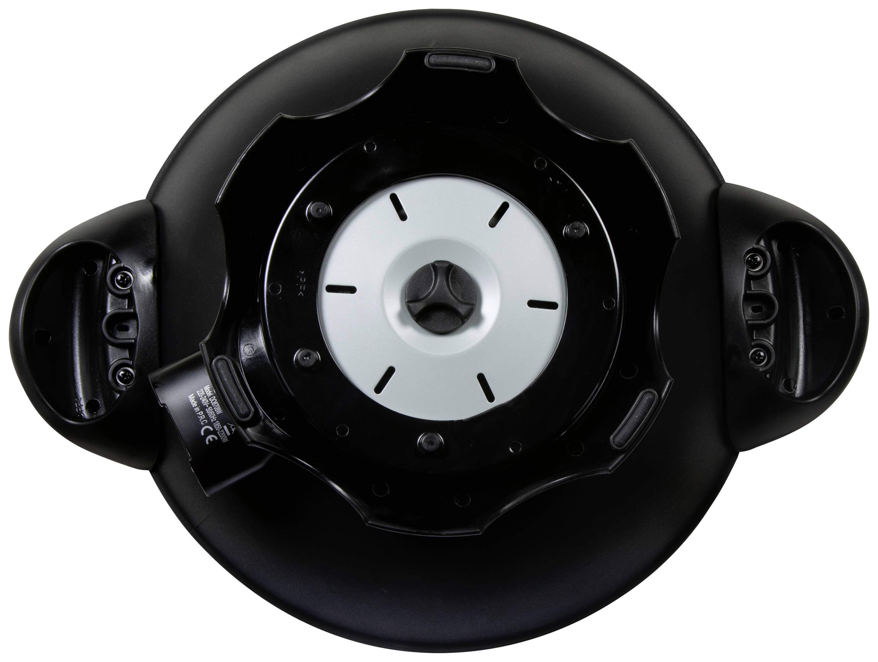 Kitchen stand mixer viewed from above, with a black casing, a central rotating element with connections on both sides.