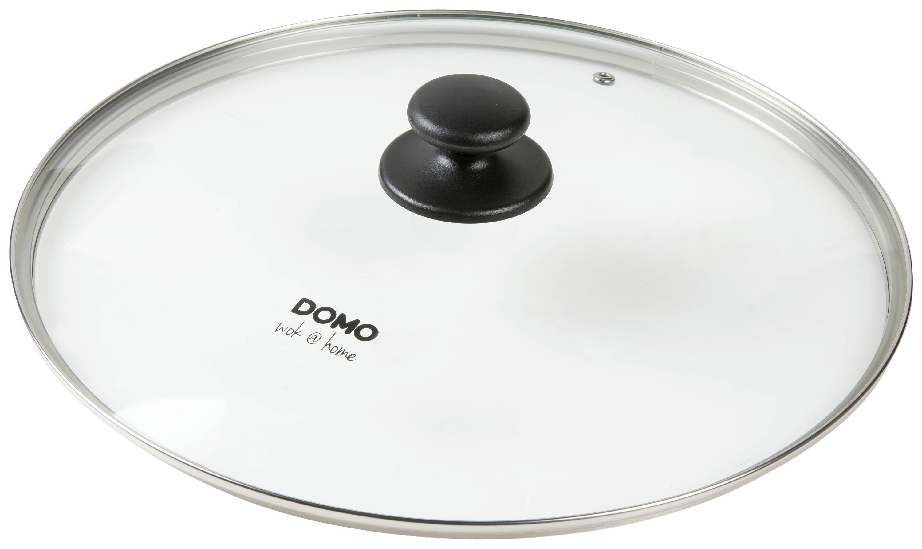 A transparent saucepan lid with a black handle and 'DOMO' inscription. Suitable for wok or household use.