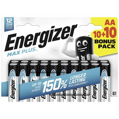 'Pack of Energizer Max Plus AA Batteries, 10+10 Bonus Pack, up to 150% longer life, 12-year shelf life.'